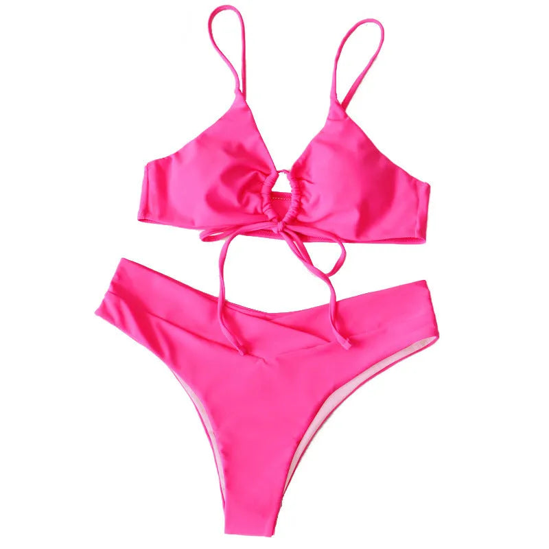 Women's tied bow split front bikini swimsuit in nylon fabric with eight colour options