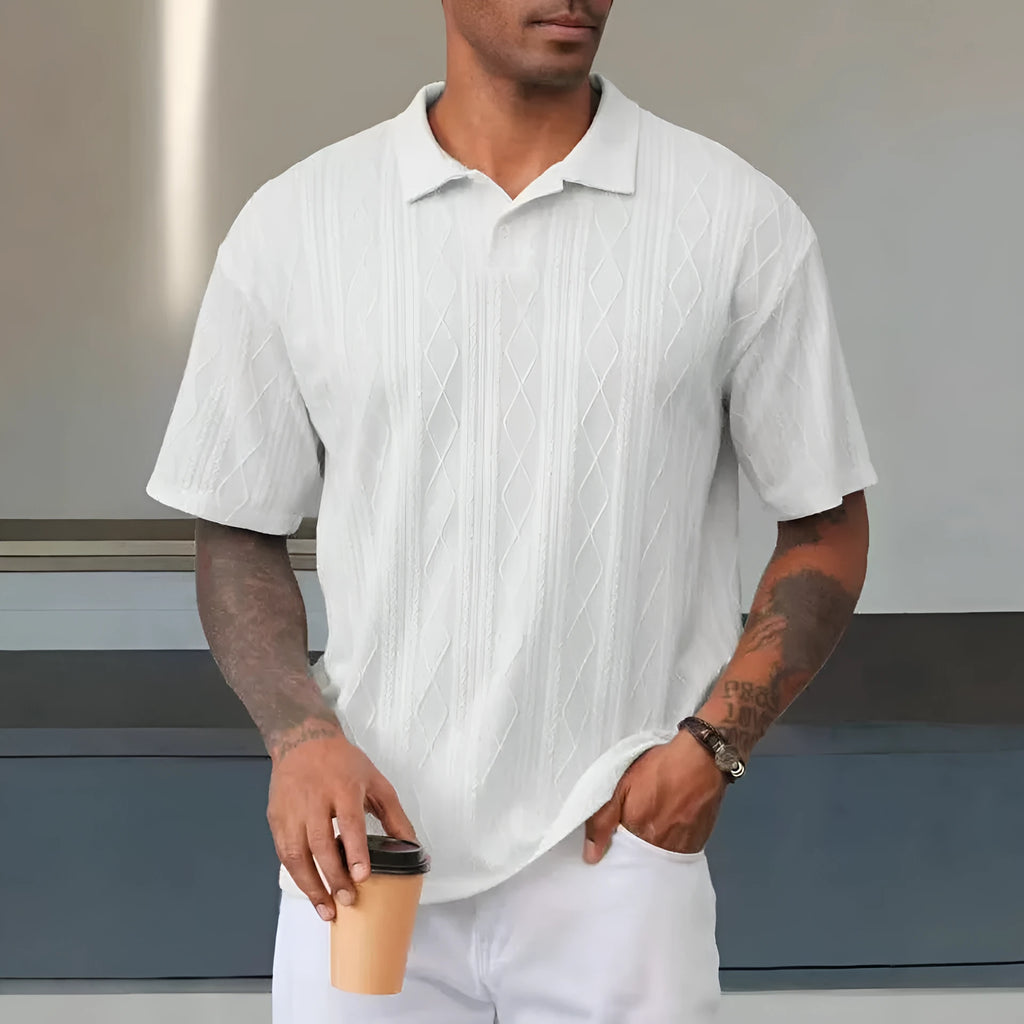 Men's loose fit short sleeve T-shirt with a retro button lapel on the collar, in a khaki cotton blend knit.