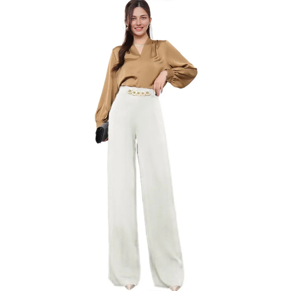 Solid colour draped wide leg pants for women, straight-leg polyester trousers with elastic waist, eight colour options