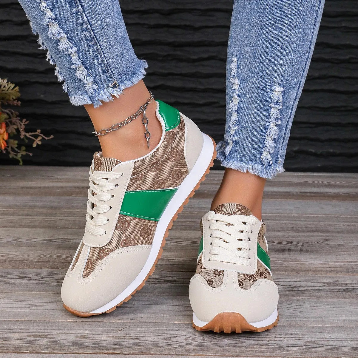 Women's oversized casual shoes with flower lace-up design in khaki colour showing cross strap detail