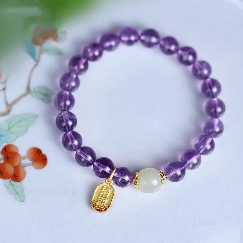 Women's amethyst geometric crystal bracelet with 8mm beads and national style ornamentation