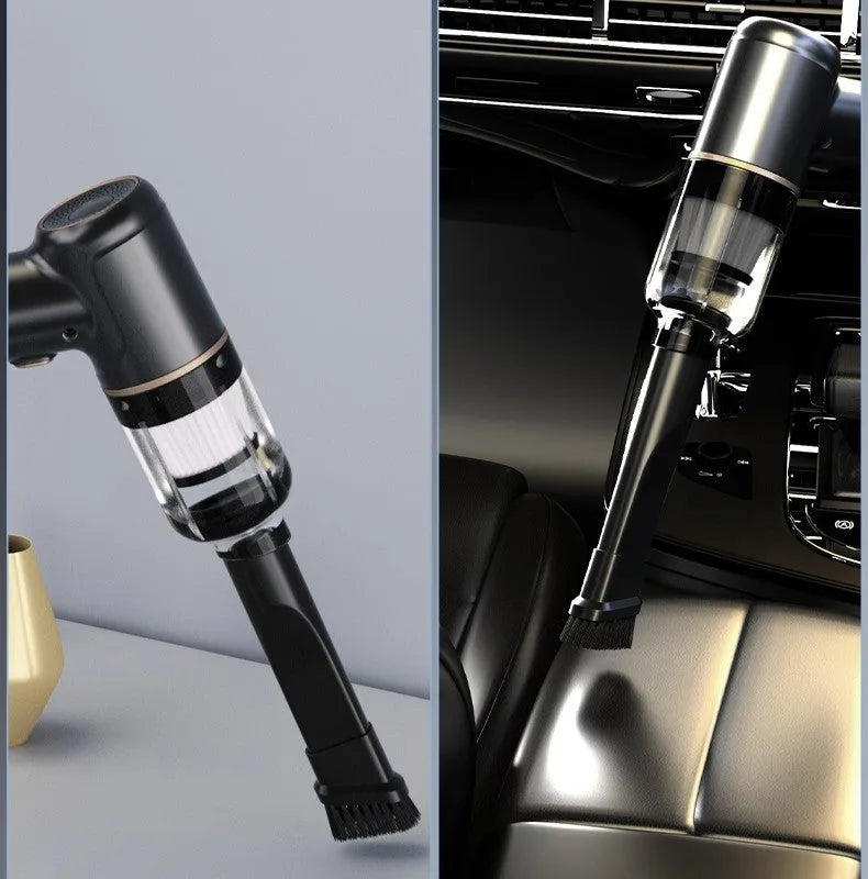 Black wireless handheld vacuum cleaner with multiple nozzles for car and home cleaning.