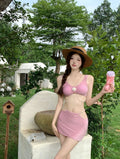 Bear Vacation women's three-piece bikini set in pink or black for swimming and hot springs.