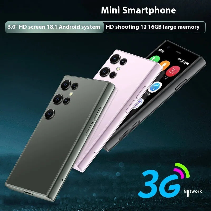 Mini Android smartphone with 3.0-inch screen in black, green or pink purple colours showing quad-core processor and 3G/WIFI connectivity