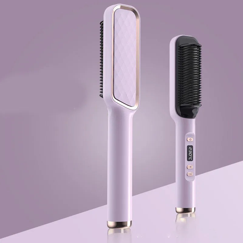 Professional electric hair straightener brush with anti-scalding ceramic curler in gold, 16 heat gears