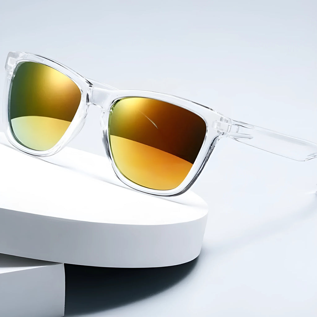 Sun protection glasses with plastic frames and lenses in a selection of colour finishes.