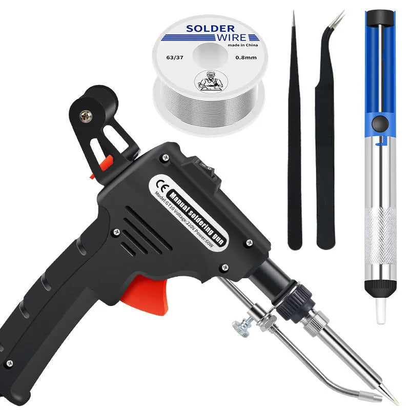 Handheld electric soldering gun with plastic handle, anti-static tweezers, and desoldering tool on a workbench