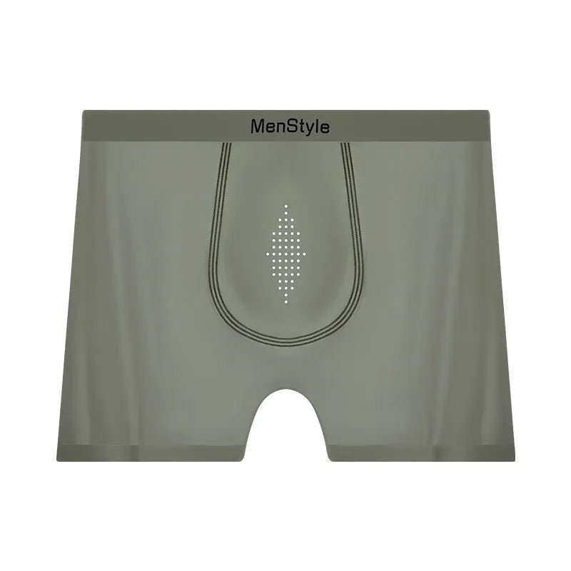 Men's seamless satin ice silk boxer shorts in a mid-waist design shown in bare skin colour.