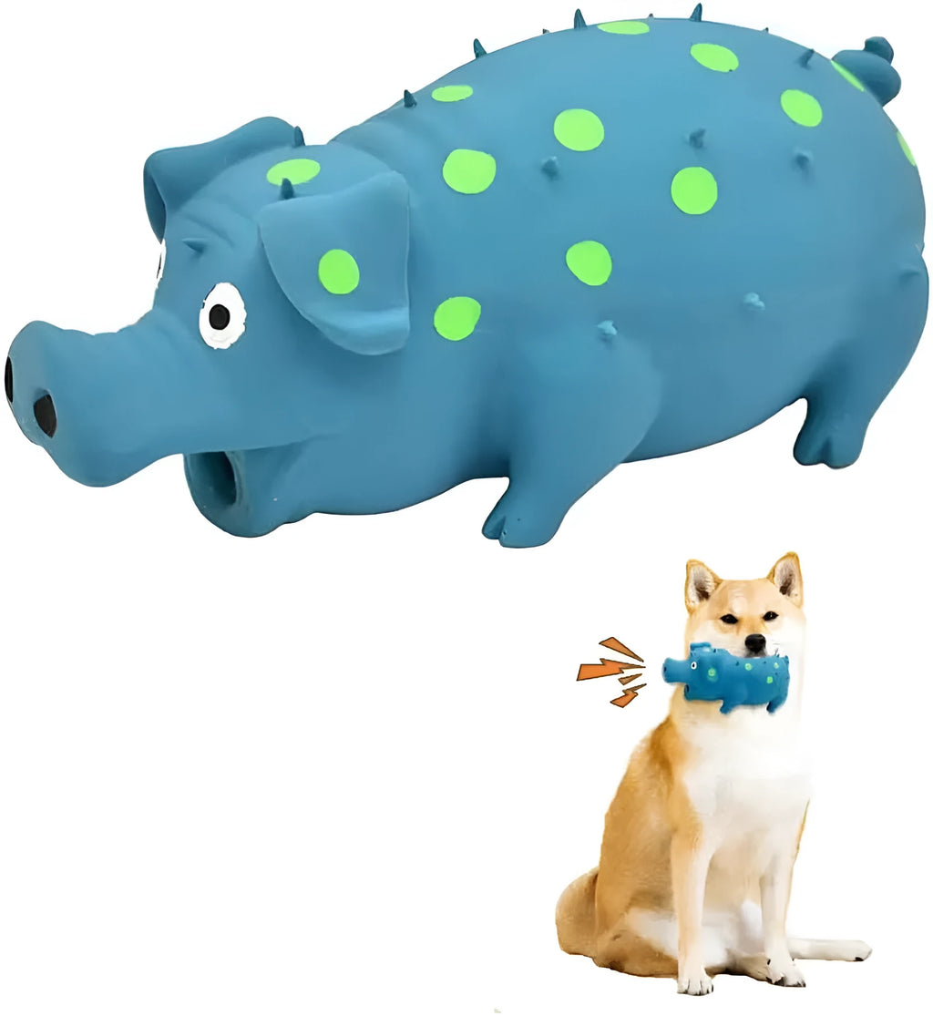 Pig-shaped latex dog chew toy with textured surface and squeaker in various colours