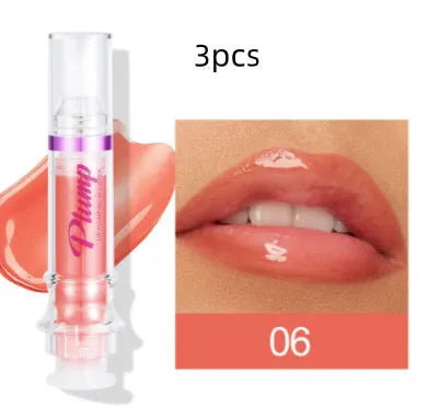 Tube of lip gloss showing shiny finish, available in six different colour shades.