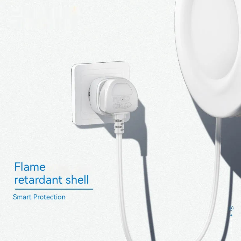 White smart WiFi socket with EU plug standard, timer and overload protection functions on white background