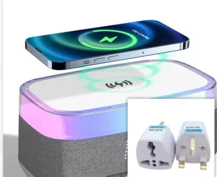 White multifunctional alarm clock with Bluetooth speaker and wireless charging pad display