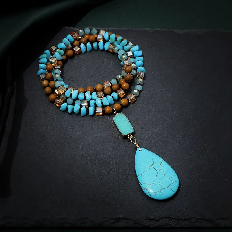 Turquoise blue water drop imitation mineral pendant necklace with ball bead chain