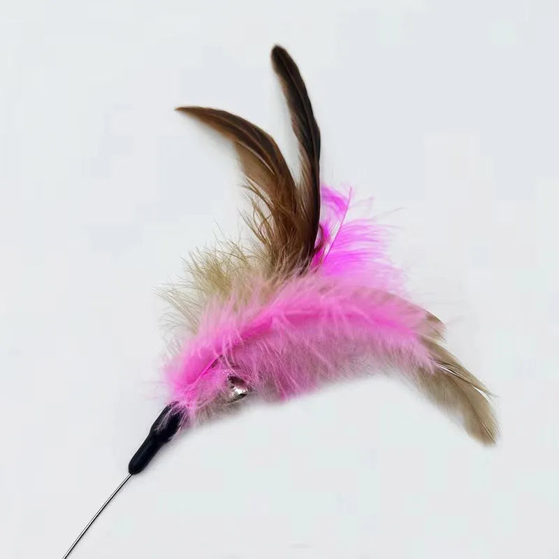 Adjustable cat collar toy with silicone teasing wand and feather attachment, showing blue and pink colour options