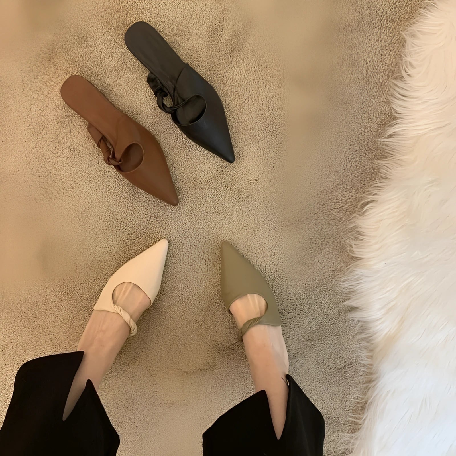 Women's soft leather semi-toe box slippers with spring design in multiple colour options
