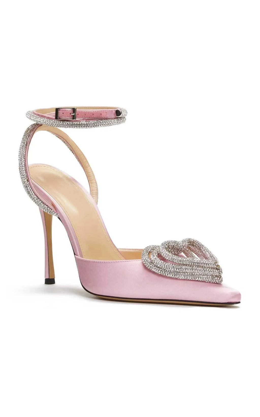 Women's satin pointed toe rhinestone sandals with 9.5cm heel and cross belt fastening in pink, black, and white