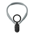 Grey silicone magnetic neck mount for mobile phones shown holding a phone in landscape orientation.