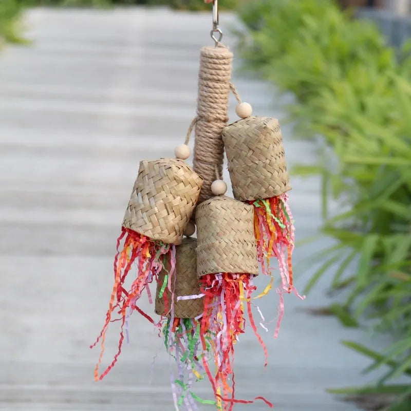 Colourful shredded paper bird toy made from wood and sisal for parrot chewing enrichment