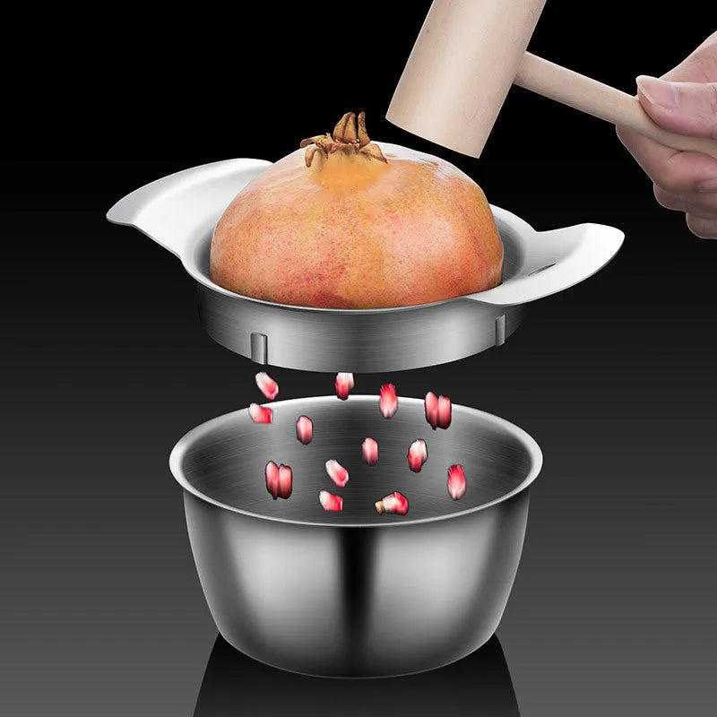 Stainless steel pomegranate opener tool with wooden hammer and bowl for deseeding