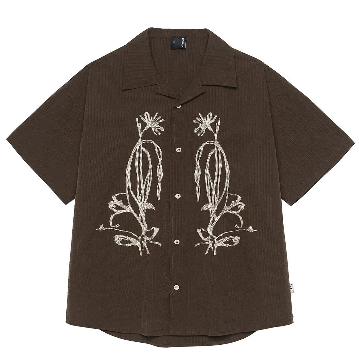 Brown striped outdoor short sleeve shirt with Cuban collar on a hanger.