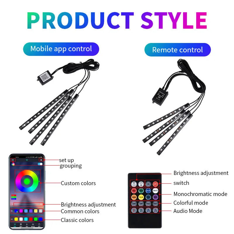 Universal car footwell LED atmosphere light strip with voice and app control for eight colours.
