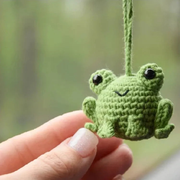 Handmade woven frog car pendant in plush material with cartoon design