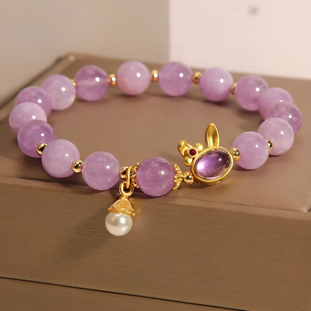 Mauve jade hare head charm bracelet with crystal band in Mori style design