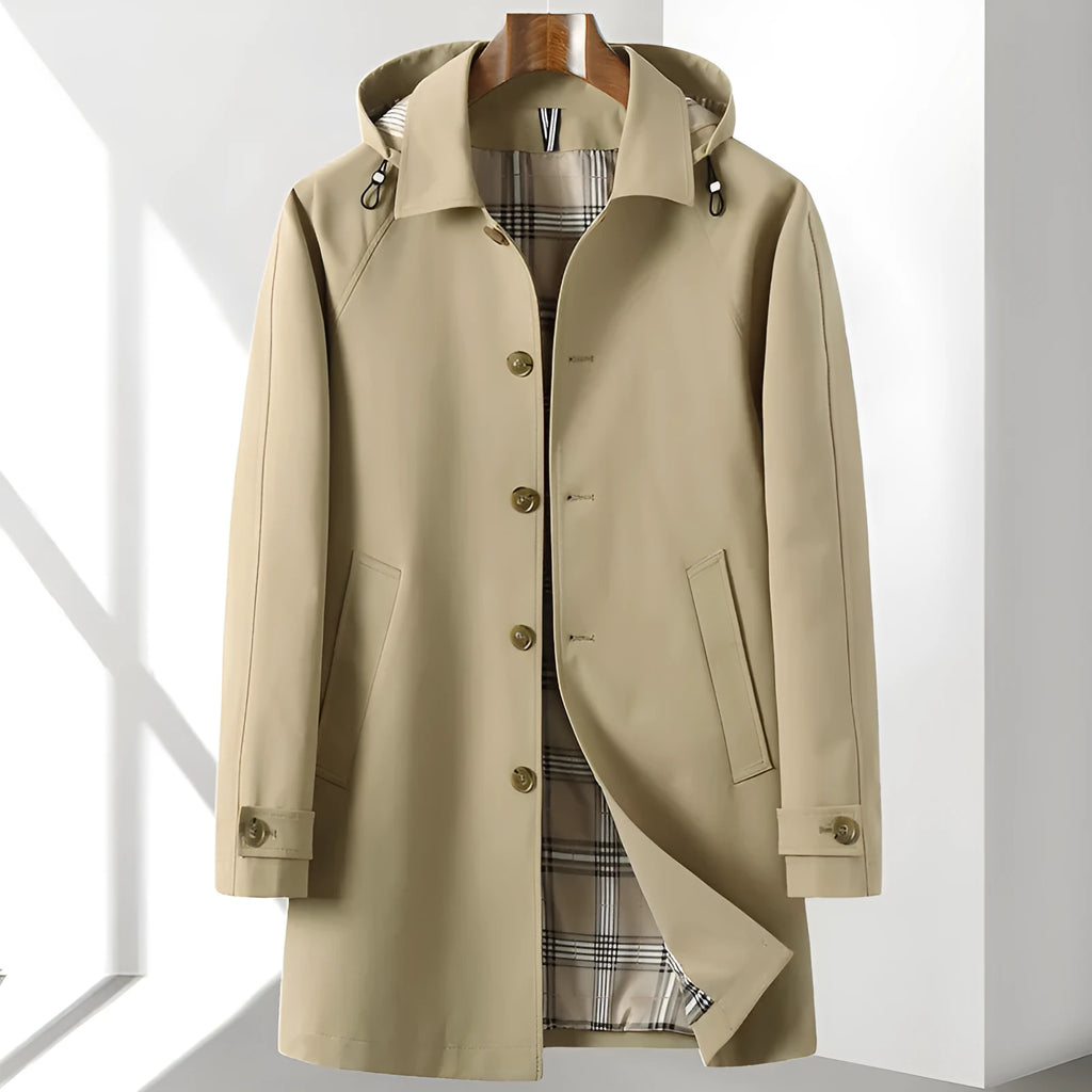 Men's solid colour trench coat with detachable hat in khaki, side seam pockets, polyester blend fabric