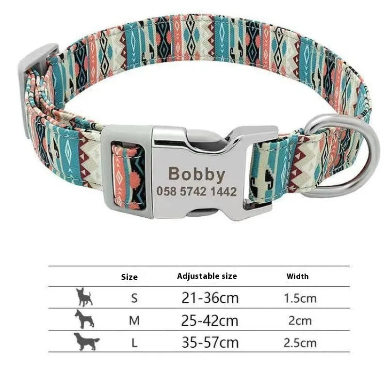 Striped canvas dog collar with semi-metal buckle in bohemian blue colour with adjustable sizing.