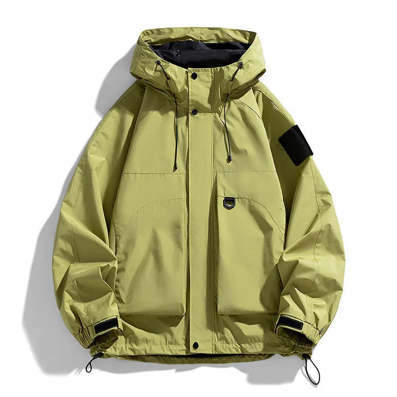 Men's black hooded waterproof windproof jacket on a hanger
