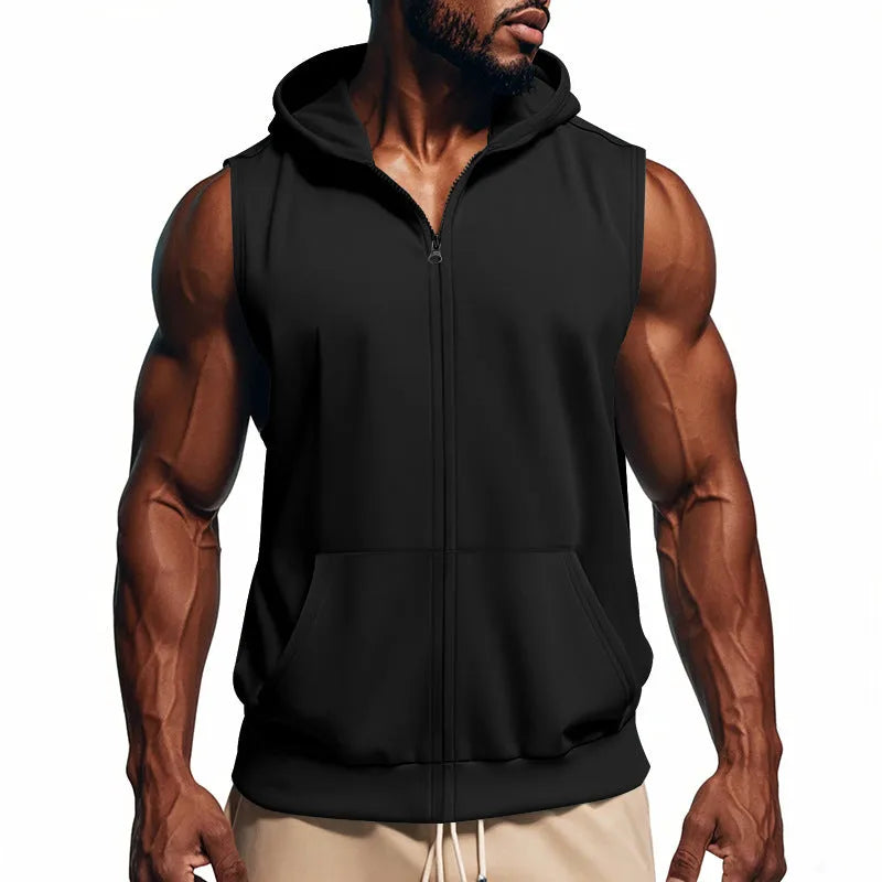 Men's sports fitness training zip-up sleeveless vest hooded summer top solid colour twill fabric