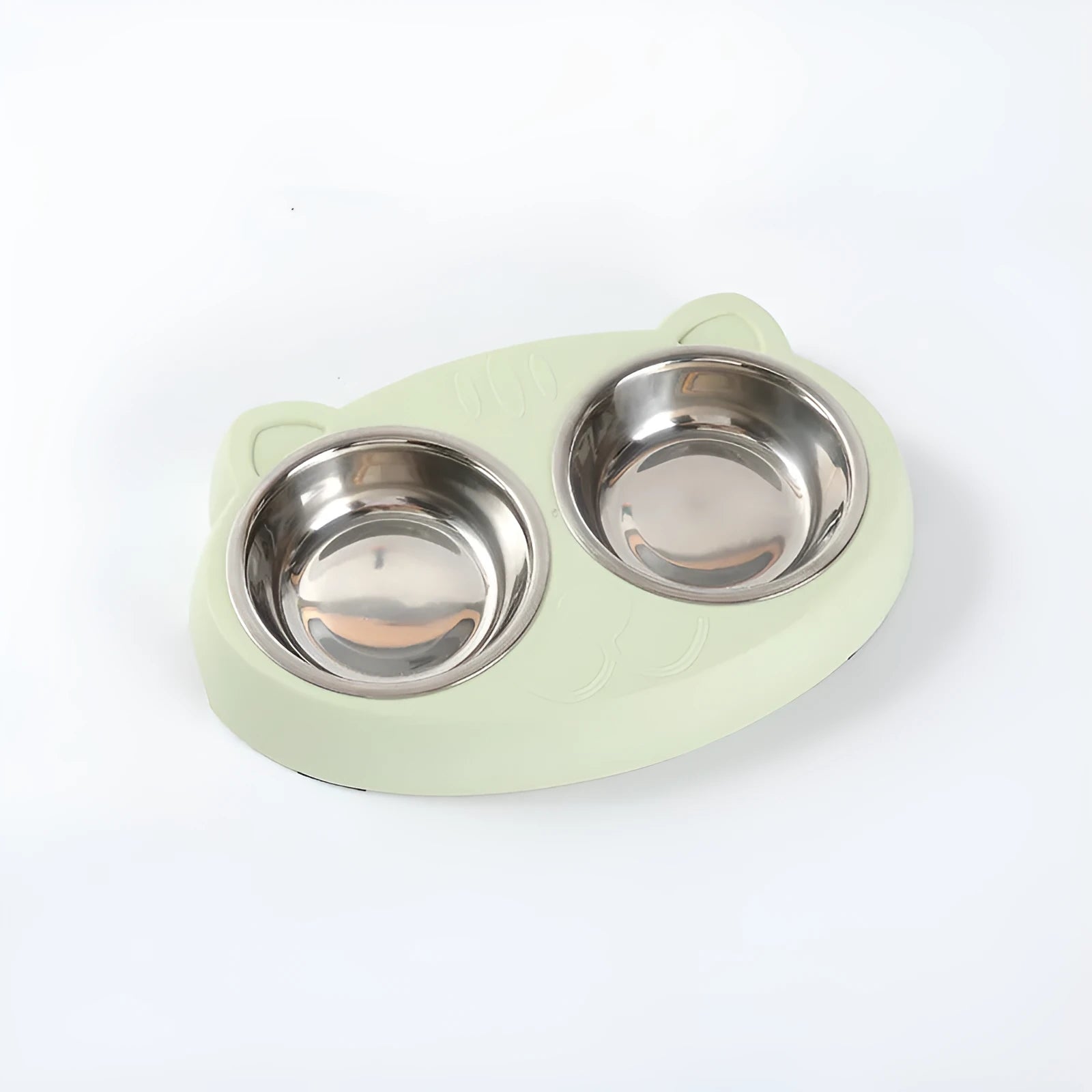 Blue macaron-shaped plastic pet feeder tray with two bowls for cat or dog food and water.