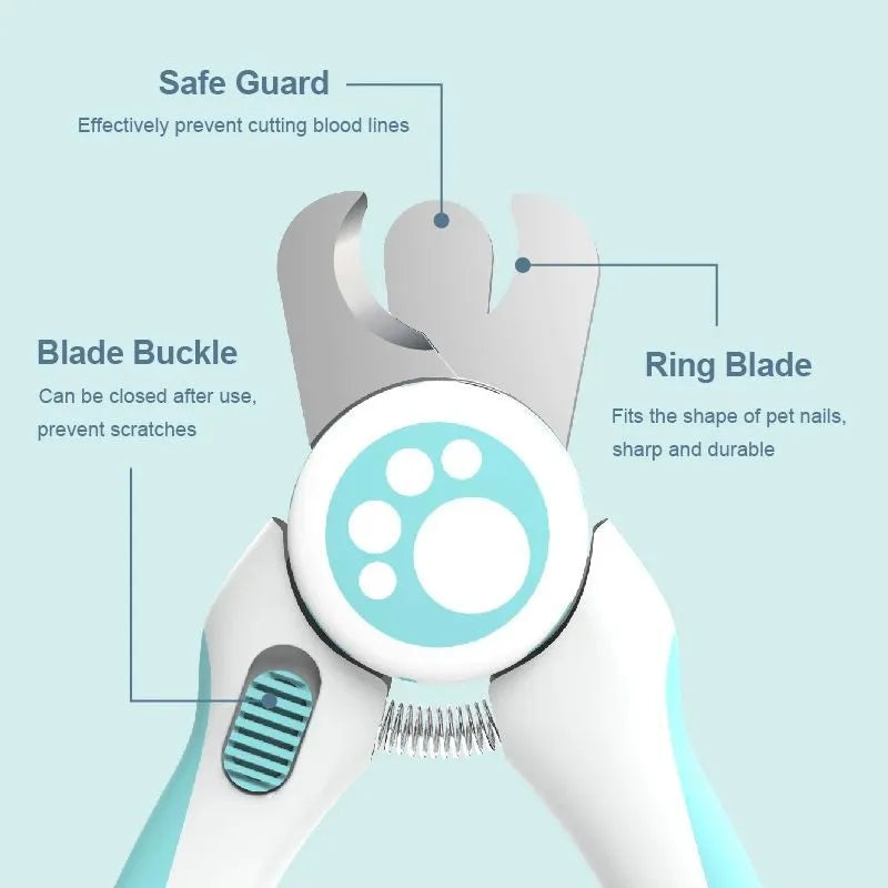 Blue and white pet nail clippers with safety guard for dogs and cats