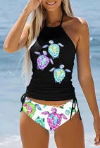 Women's brief swimsuit with a colourful cartoon print, shown in a conservative cut for swimming.
