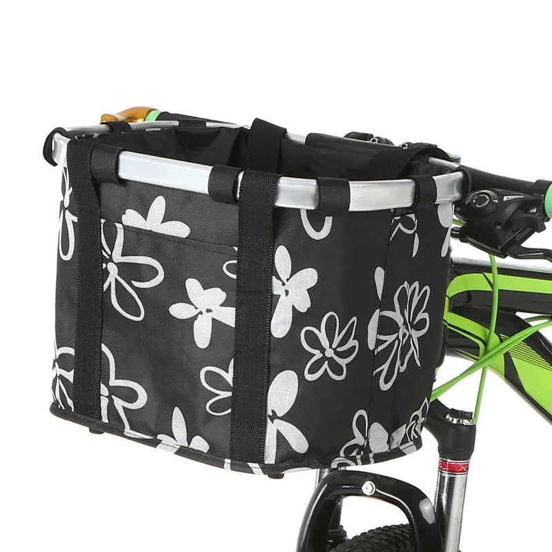 Fashion aluminum alloy folding car basket bag in black and white flowers, Oxford cloth material