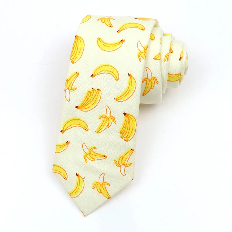 Narrow Korean style cotton bow tie with a printed cartoon pattern in various colours.