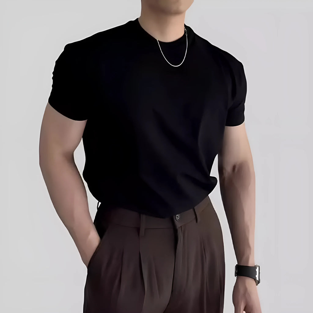 Men's solid colour slim fit polyester short sleeve sports t-shirt in black, front view