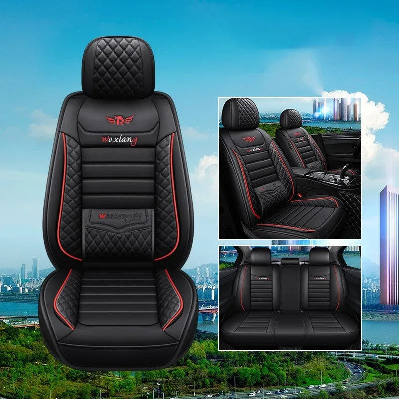 Universal car seat cushion with high elastic sponge filler in red, green, and black colour options.