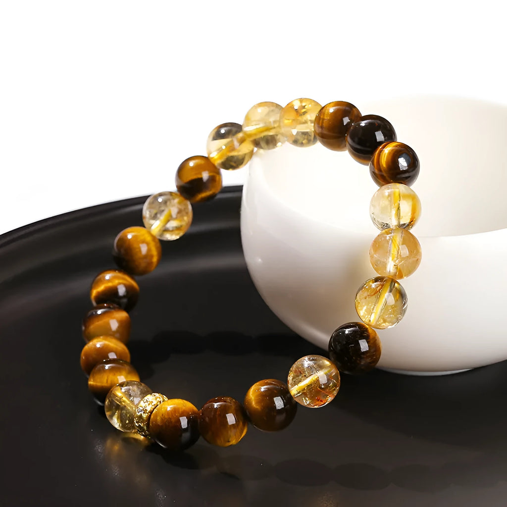 Natural yellow tiger-shaped stone and yellow tower crystal 8mm bead bracelet for women