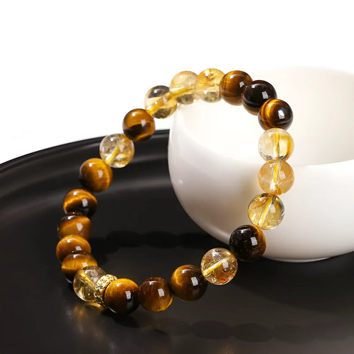 Natural yellow tiger-shaped stone and yellow tower crystal 8mm bead bracelet for women