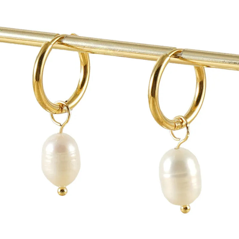 Geometric gold stainless steel earrings with pearl accents for women