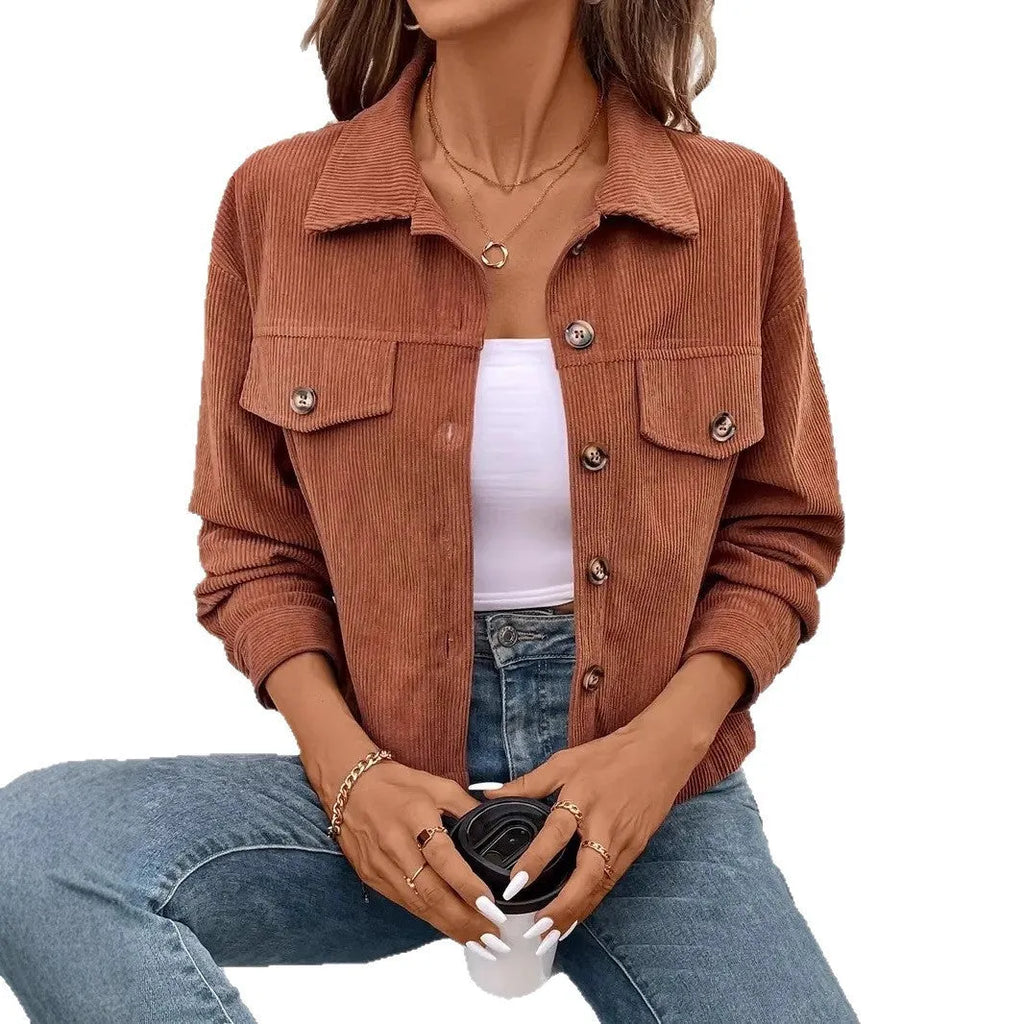 Women's brown retro-style loose-fit polyester shirt coat with long sleeves and button front.