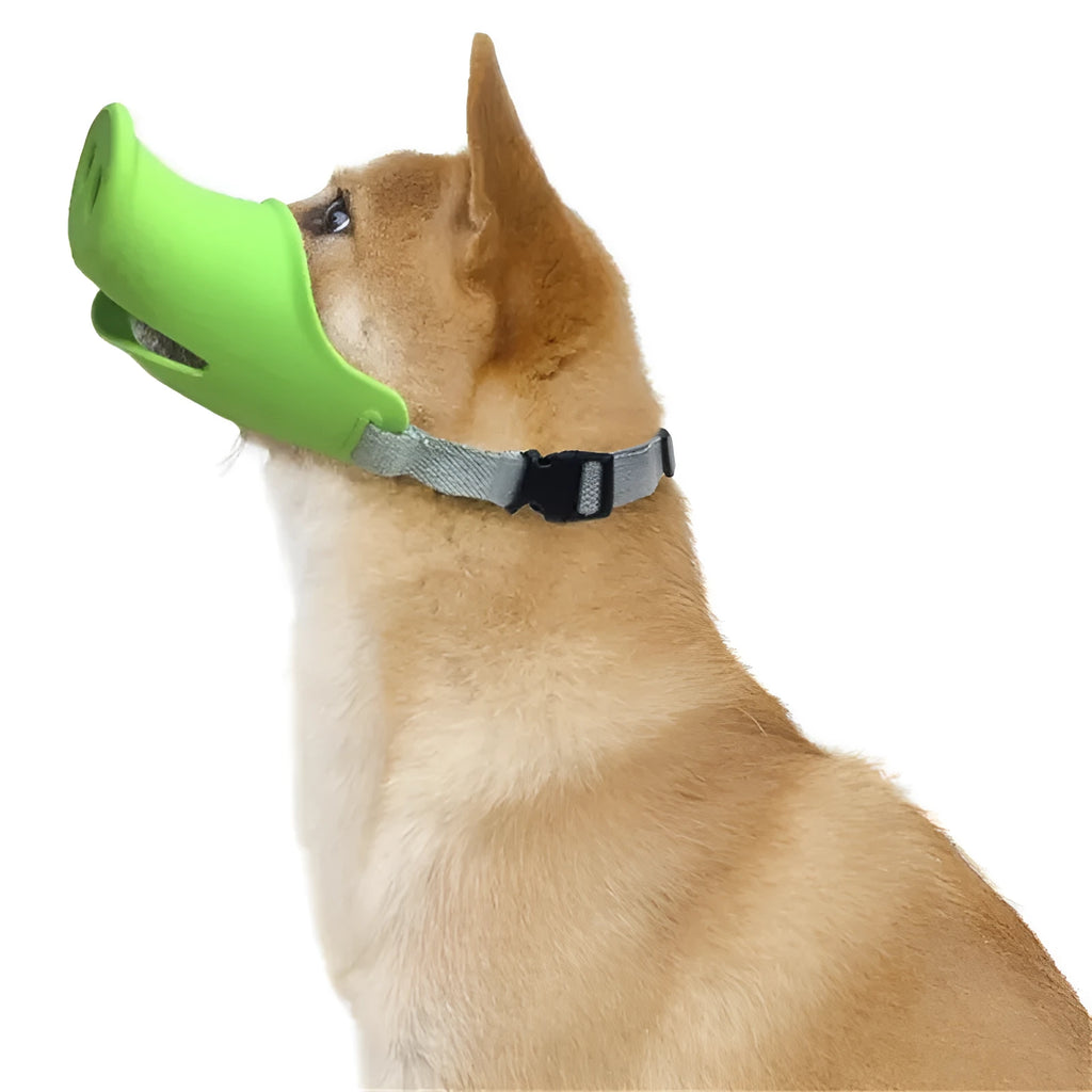 Blue silicone anti-bite mouth cover for dogs showing sizing on long-nosed pet