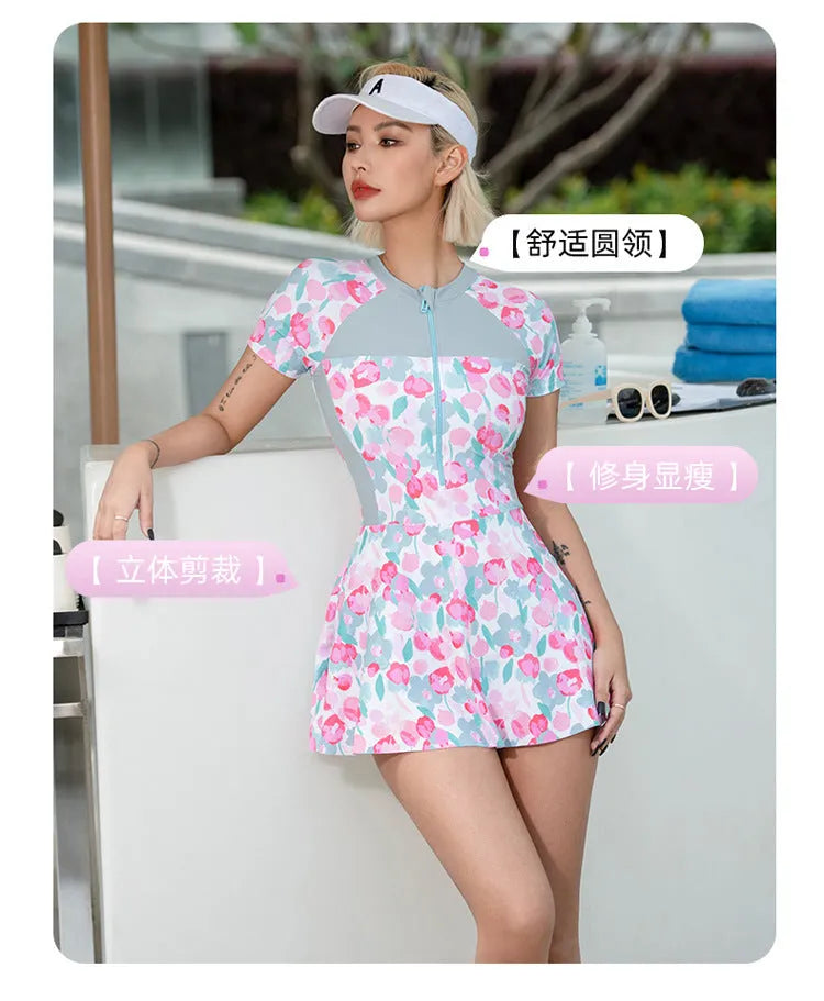 Plus size printed one-piece swimsuit for women in polyester fabric, sizes up to 3XL.