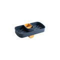 Blue sink shelf faucet holder with sponge and brush storage tray on a kitchen sink