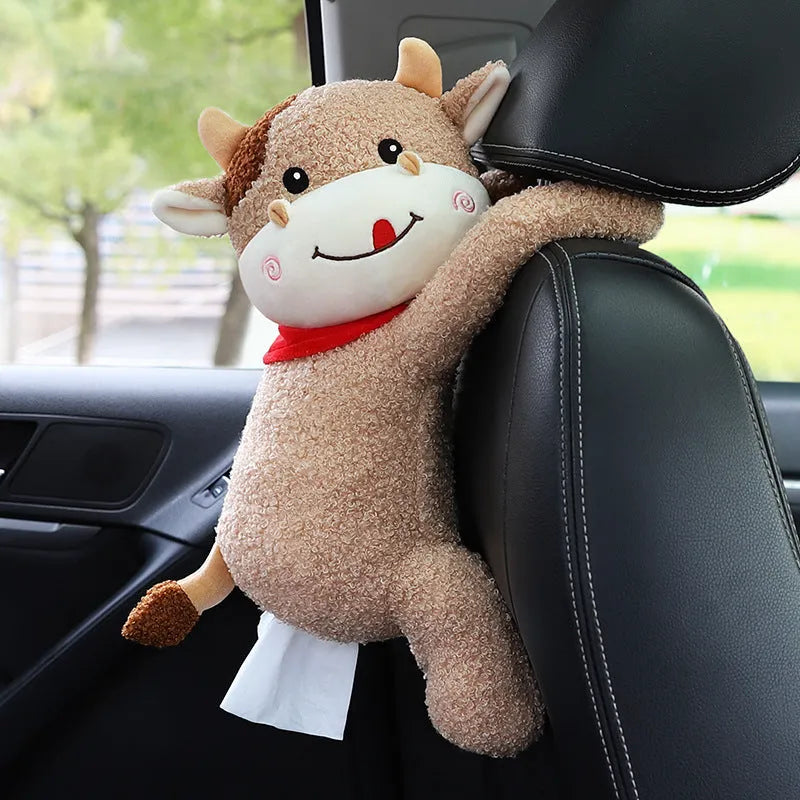 Soft plush car seat back tissue box holder with cute animal design