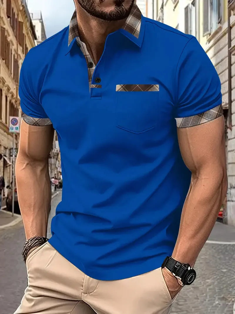 Men's plaid colourblock t-shirt with zipper decorations on polyester fabric in multiple colours