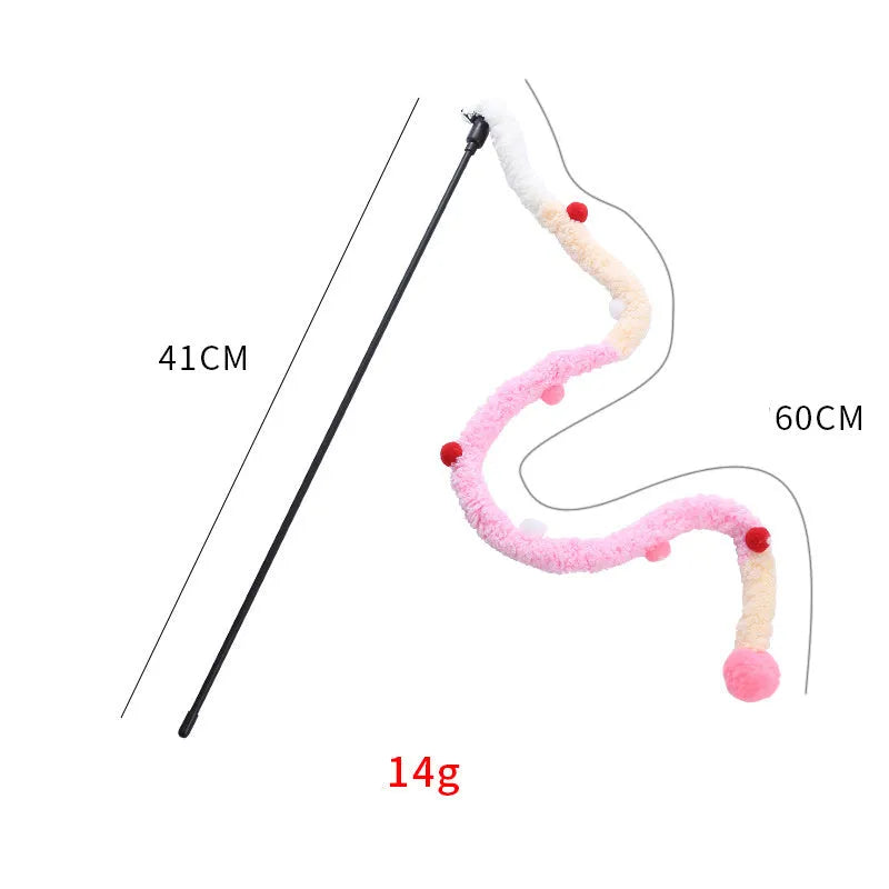 Blue green and pink plush strip cat teaser wand with bell on a 41cm pole