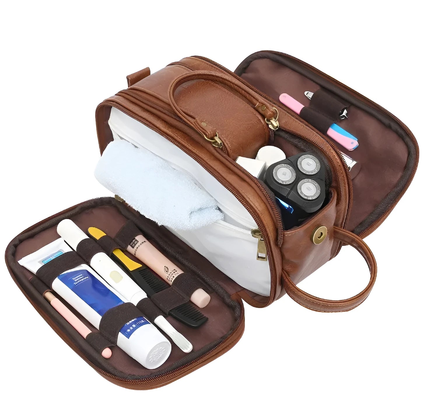 Men's black and brown Pu leather toiletry bags with zip closure for travel storage