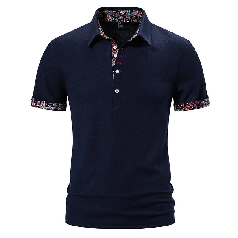 Men's polo shirt with colour contrast stitching and turnover collar in white, black, or navy blue